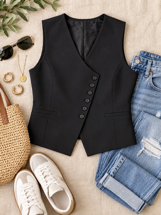 Tops - Sleeveless Black Button-Front Vest